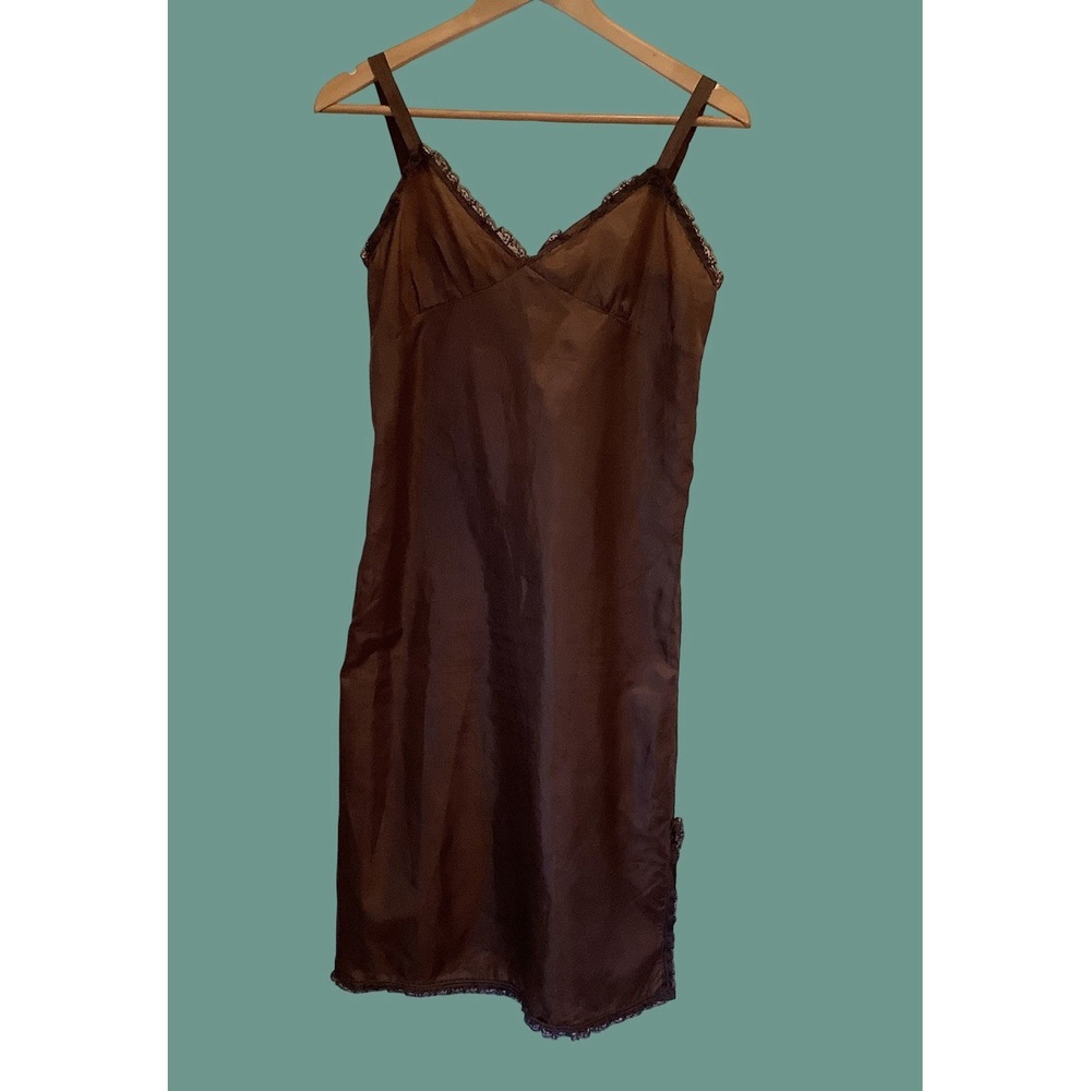 Vintage Brown Acetate Full Slip Lace Handmade Sexy Slip Dress Sz XS